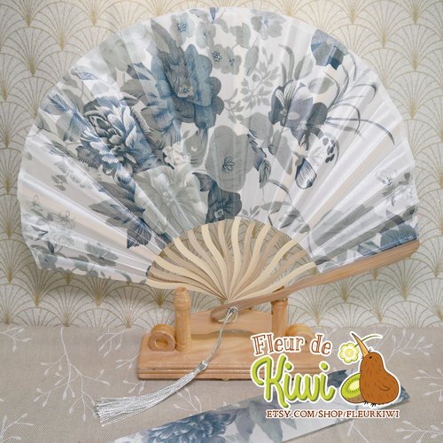 Éventail pliable forme arrondie avec étui, couleur gris, élégante, style japonais, accessoire été, mariage, idée cadeau
