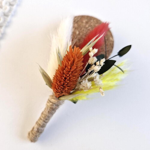 Boutonnière fleurs séchées et stabilisées amber, accessoire mariage bohème champêtre, cadeau témoin, fleurs naturelles, accessoire marié