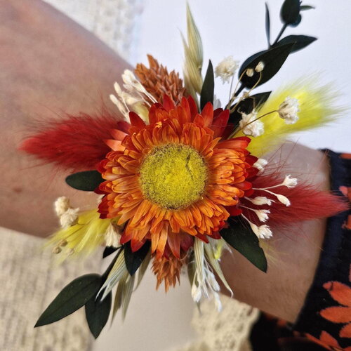 Bracelet fleurs séchées et stabilisées amber, mariage terracotta, bracelet pour mariée et demoiselle d'honneur, mariage chic bohème