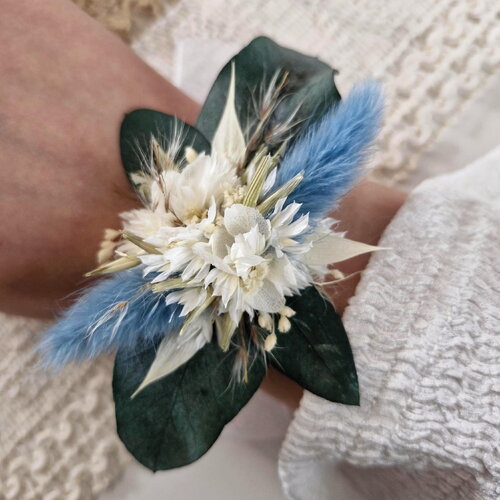Bracelet fleurs séchées et stabilisées marina, hortensia, bracelet pour mariée et demoiselle d'honneur, mariage chic bohème