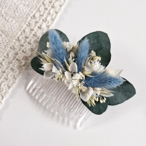 Peigne cheveux fleurs séchées et stabilisées marina, accessoire pour mariée, peigne demoiselle d'honneur, mariage bohème et champêtre