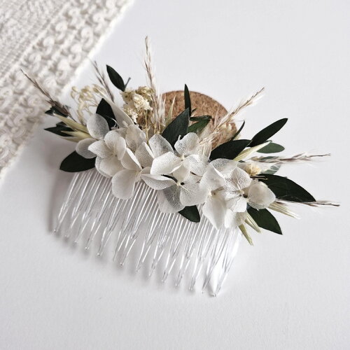 Peigne cheveux fleurs séchées et stabilisées alba, accessoire pour mariée, peigne demoiselle d'honneur, mariage bohème et champêtre