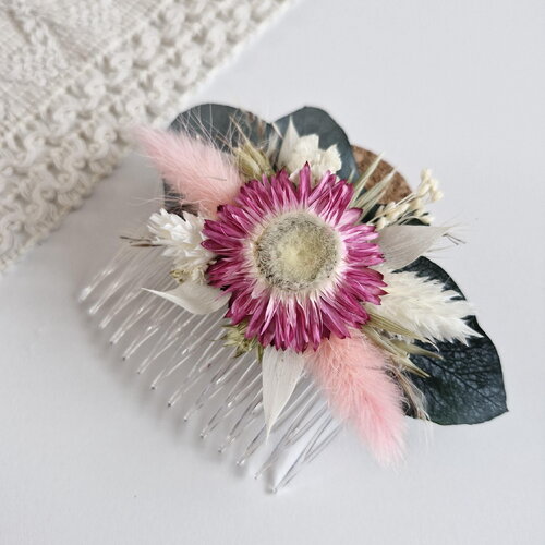 Peigne cheveux fleurs séchées et stabilisées eva, accessoire pour mariée, peigne demoiselle d'honneur, mariage bohème et champêtre