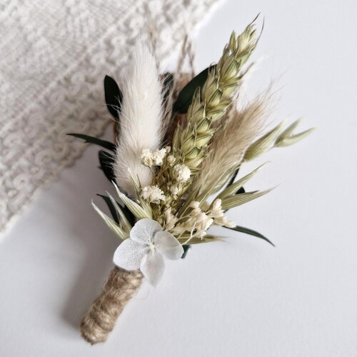 Boutonnière en fleurs séchées stabilisées alba, mariage bohème et champêtre, accessoire pour mariage, cadeau pour témoin de mariage