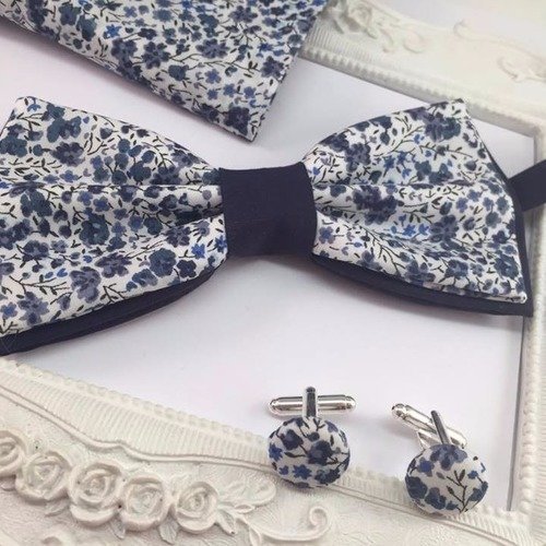 Set noeud papillon double, boutons de manchette et pochette costume assortie tissu liberty phoebe bleu - homme