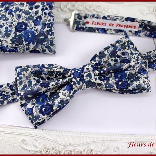 Set noeud papillon double et pochette costume assortie tissu liberty emma et georgina bleu - homme