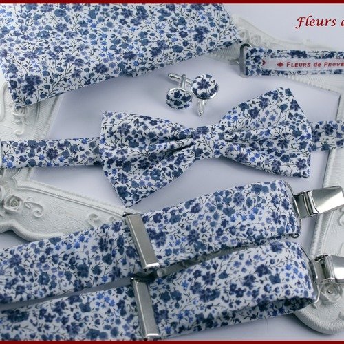 Set tissu liberty phoebe blanc et bleu: bretelles, noeud papillon , pochette costume et boutons de manchette homme
