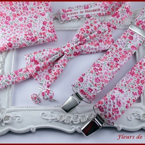 Set tissu liberty phoebe blanc et rose: bretelles, noeud papillon , pochette costume et boutons de manchette homme