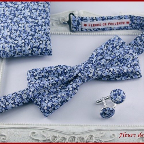 Set noeud papillon double, boutons de manchette et pochette costume assortie tissu liberty pepper bleu - homme