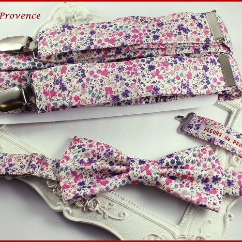 Set tissu liberty phoebe violet: bretelles, noeud papillon , pochette costume et boutons de manchette homm
