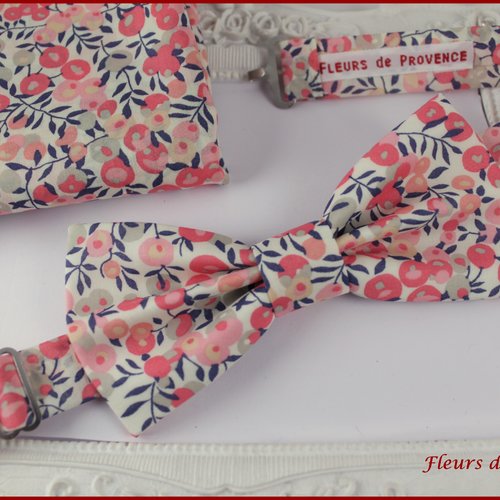 Set noeud papillon, pochette costume et boutons de manchette assortie tissu liberty wiltshire pois de senteur rose - homme