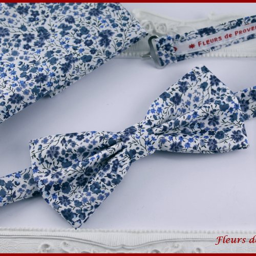 Set noeud papillon et pochette costume assortie tissu liberty phoebe bleu - homme
