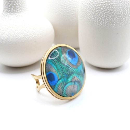 Bague en acier inoxydable " plume de paon"