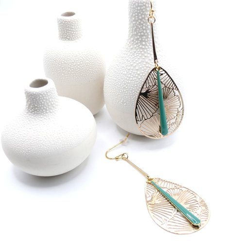Boucles d’oreilles en acier inoxydable, ginkgo dans goutte