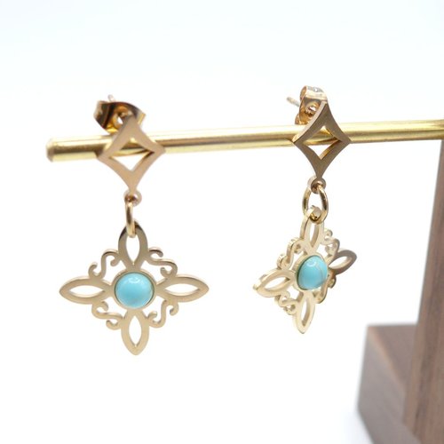 Boucles d’oreilles en acier inoxydable finition 18k en forme de losange, ornées d’une perle turquoise.