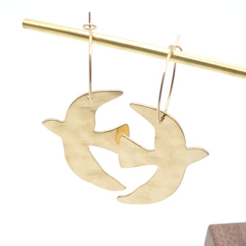 Boucles d’oreilles puces en acier inoxydable finition 18k, oiseau d’inspiration matisse.