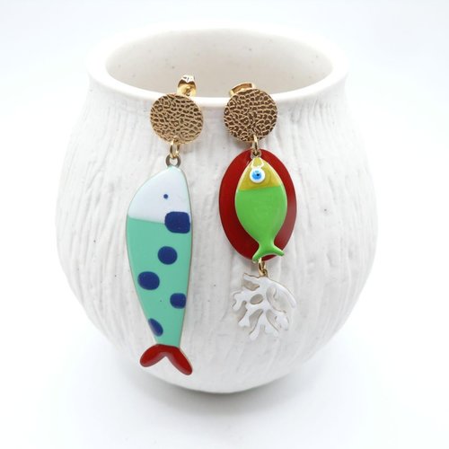 Boucles d’oreilles asymétrique acier inoxydable 18k – pop art poisson et corail, fleursdeki