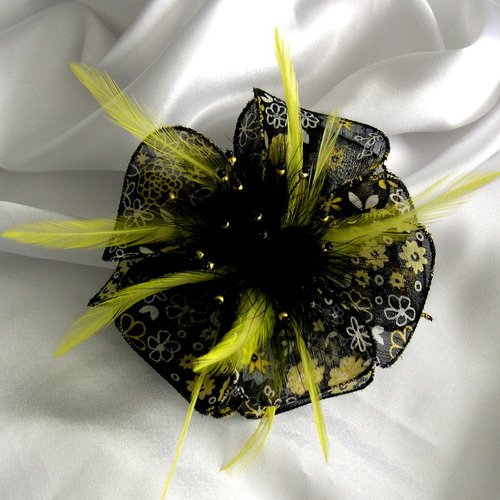 Broche fleur en tissu, organza, plumes et perles, accessoires femme,mariage, fête, cadeau, jaune, gris  et noir, 130