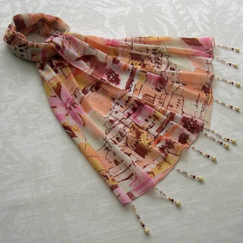 Foulard décoré de perles, écharpe légère, accessoires femme, cadeau, rose, marron et orange, motif paysager 036