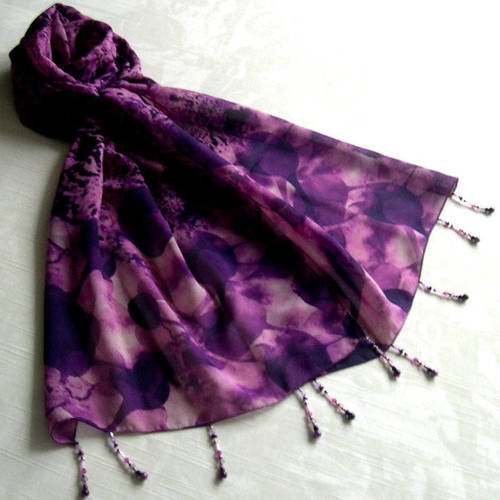 Foulard décoré de perles, écharpe légère, accessoires femme, cadeau, rose et violet, motif abstrait, 204