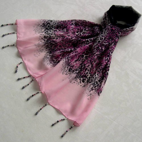 Foulard décoré de perles, écharpe légère, accessoires femme, cadeau, rose, noir et violet, motif abstrait 181