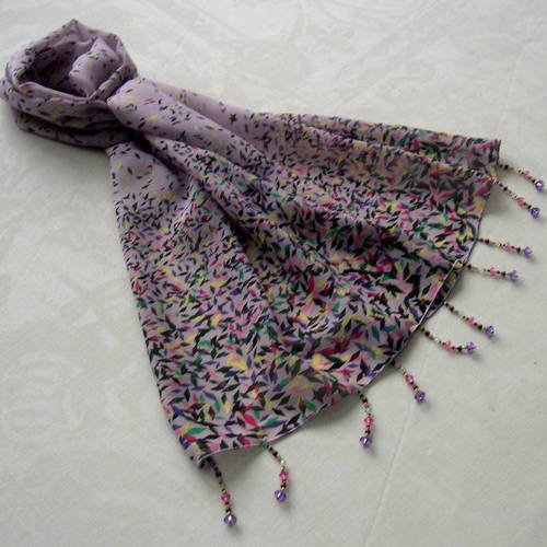Foulard décoré de perles, écharpe légère, accessoires femme, cadeau, violet et multicolore, motif losanges 180