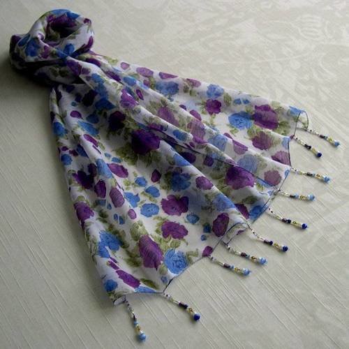 Foulard décoré de perles, écharpe légère,  accessoires femme, blanc, bleu, violet, vert, motif fleurs 107
