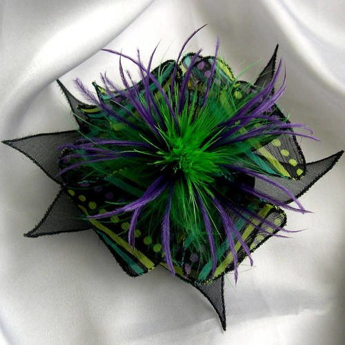 Barette fleur en tissu, organza, plumes et perles, accessoires coiffure, mariage, fête, noir, violet et vert, 187