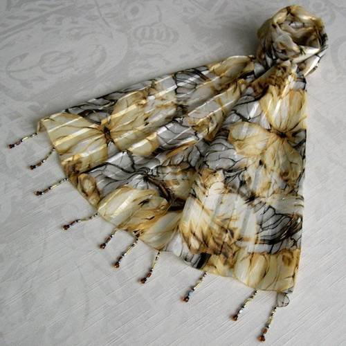 Foulard décoré de perles, écharpe légère, accessoires femme, cadeau, jaune et gris, motif papillons 074