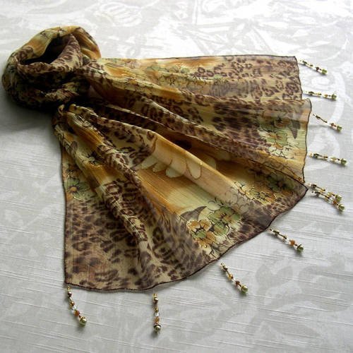 Foulard décoré de perles, écharpe légère, accessoires femme, cadeau, marron et vert, motif fleurs 031