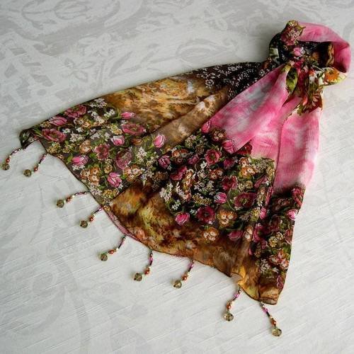 Foulard décoré de perles, écharpe légère, accessoires femme, marron, rose, jaune, vert, motif fleuri 147
