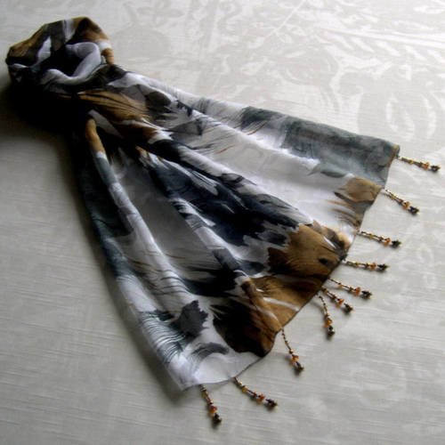 Foulard décoré de perles, écharpe légère, accessoires femme, cadeau, blanc, marron, gris, motif abstrait 205