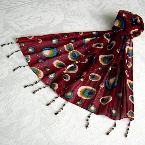 Foulard décoré de perles, écharpe légère, accessoires femme, bordeaux,  motif sphères multicolores 073