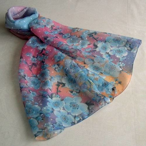 Foulard simple classique, écharpe légère, imprimé multicolore, châle, étole, motif fleurs pastel 170