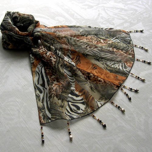 Foulard décoré de perles, écharpe légère, accessoires femme, cadeau, marron, blanc, noir, motif africain 008