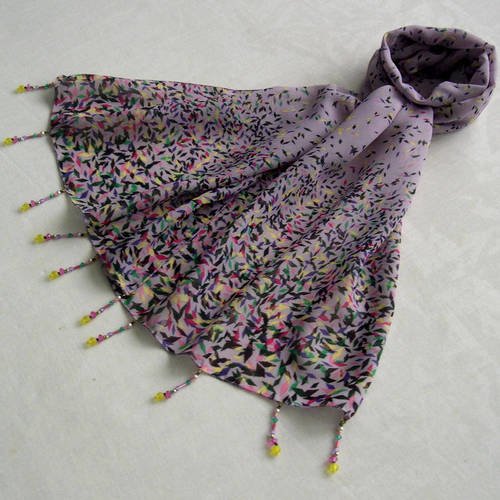 Foulard décoré de perles, écharpe légère, accessoires femme, cadeau, violet et multicolore, motif losanges 180