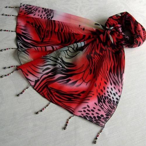 Foulard décoré de perles, écharpe légère, accessoires femme, cadeau, rouge, rose et beige, motif abstrait 006