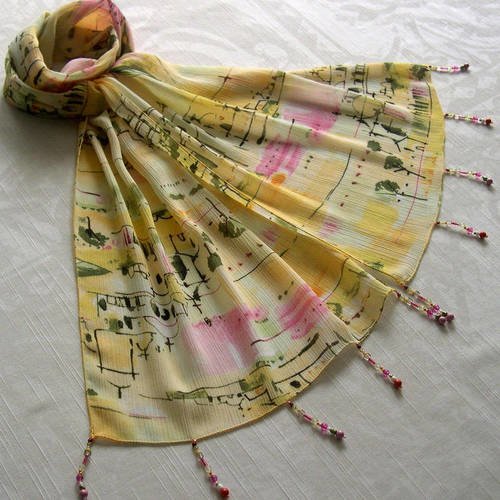 Foulard décoré de perles, écharpe légère, accessoires femme, cadeau, jaune, rose, vert, motif printanier