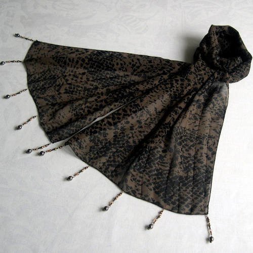 Foulard décoré de perles, écharpe légère, accessoires femme, cadeau, marron et noir, motif abstrait, 005