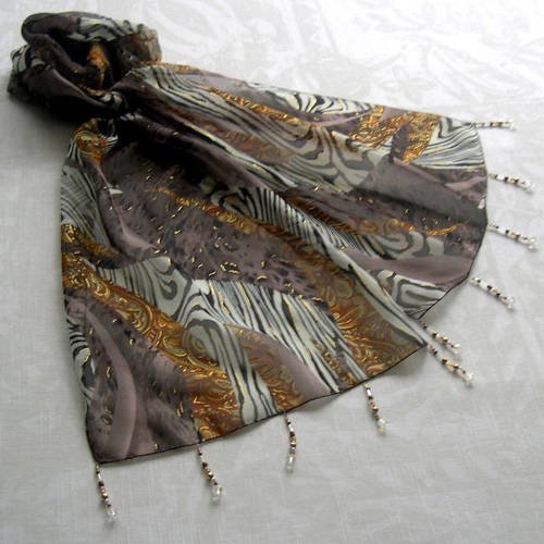 Foulard décoré de perles, écharpe légère, accessoires femme, cadeau, taupe, marron, noir, motif africain 012