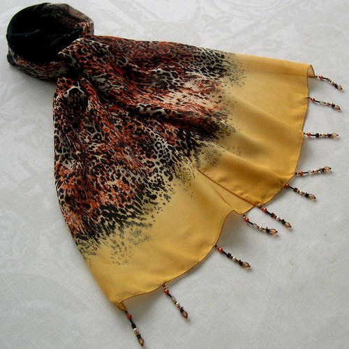 Foulard décoré de perles, écharpe légère, accessoires femme, cadeau, jaune, marron, noir, motif abstrait, 182