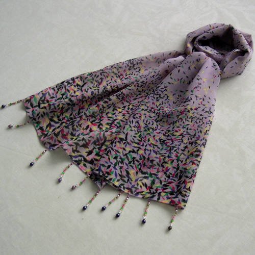 Foulard décoré de perles, écharpe légère, accessoires femme, cadeau, violet et multicolore, motif losanges, 180
