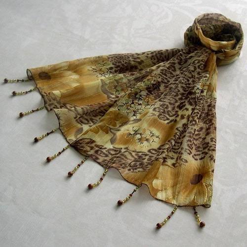 Foulard décoré de perles, écharpe légère, accessoires femme, cadeau, marron et vert, motif fleurs, 031