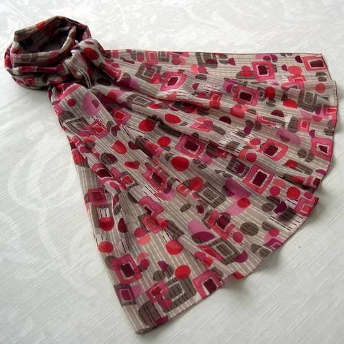 Foulard simple classique, écharpe légère,  châle, étole, beige, rouge et rose, motif abstrait, 255