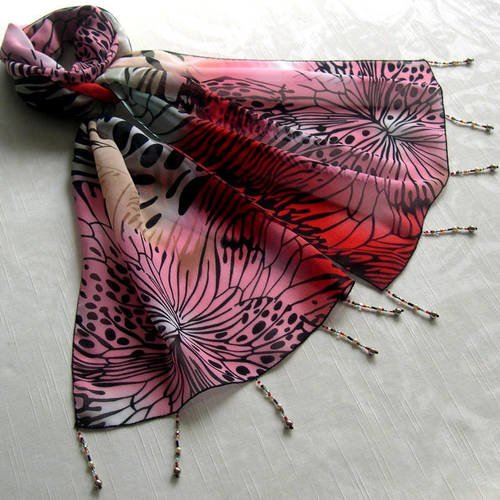 Foulard décoré de perles, écharpe légère, accessoires femme, cadeau, rouge, rose et beige, motif abstrait, 006