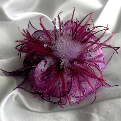 Barette fleur en tissu, organza, plumes et perles, personnalisée, accessoires coiffure, mariage, fête, rose, mauve et violet, 134