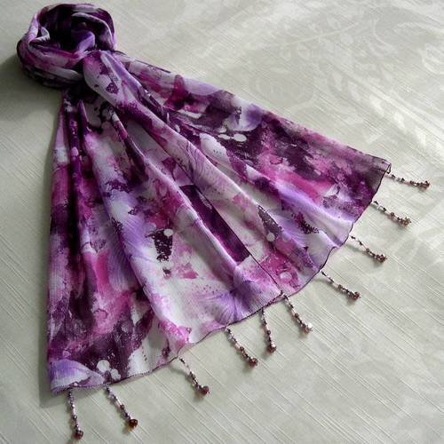 Foulard décoré de perles, écharpe légère, accessoires femme, cadeau, rose, violet et gris, motif abstrait, 134