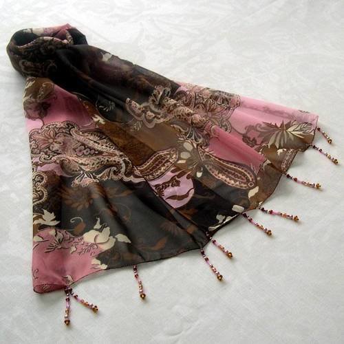 Foulard décoré de perles, écharpe légère, accessoires femme, cadeau, marron, rose, beige, motif abstrait 259