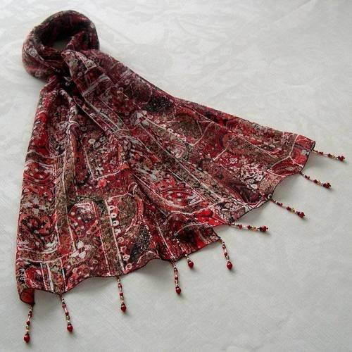 Foulard décoré de perles, écharpe légère, accessoires femme, cadeau, rouge, marron, noir, motif abstrait, 054