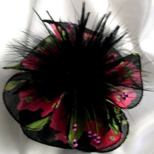 Barette (crocodile) fleur en tissu, plumes et perles, accessoires coiffure, mariage, cadeau, noir, rose et vert,  145
